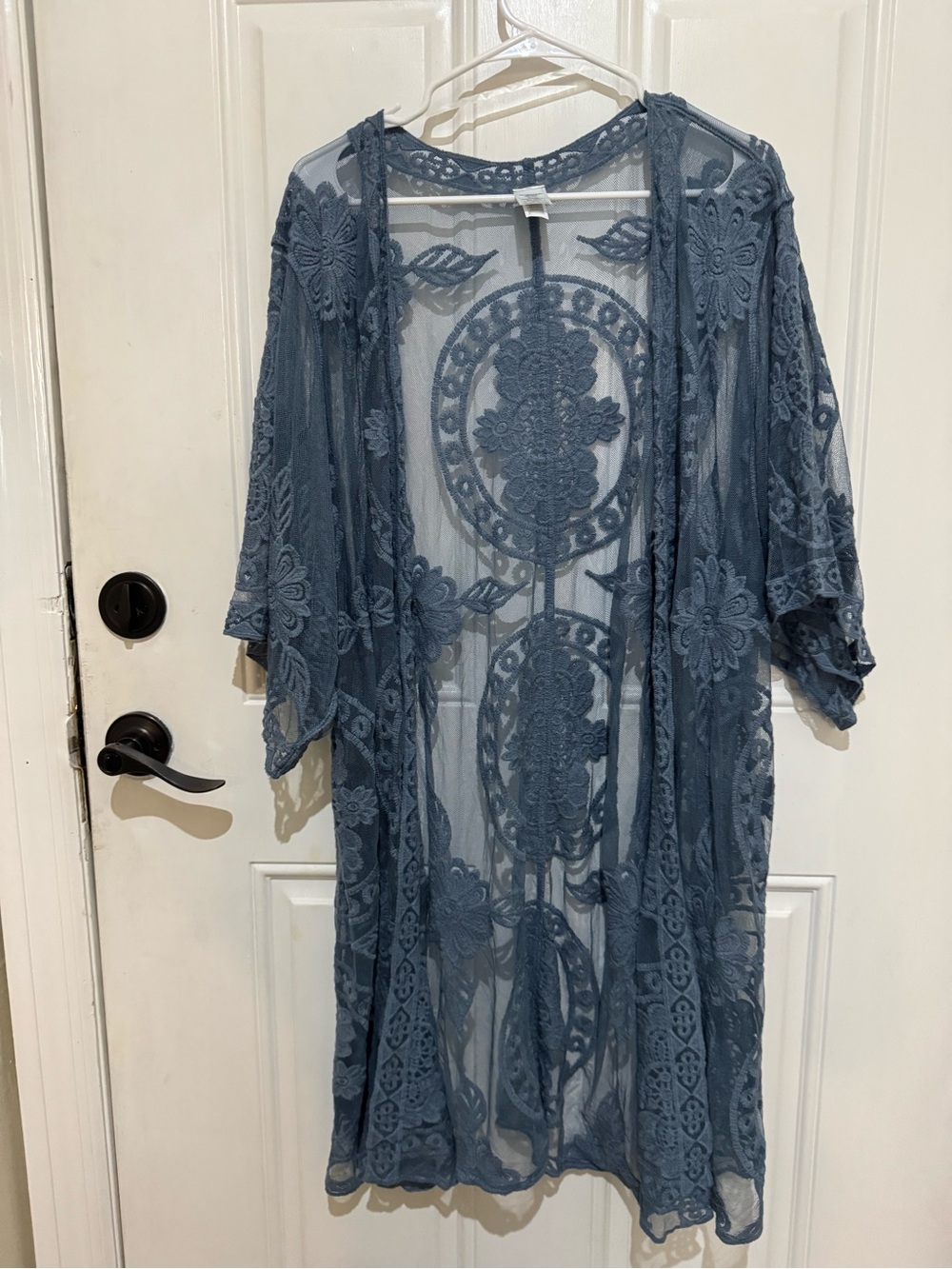 Time and Tru Sheer Lace Embroidered Kimono Cover-Up in Slate Blue